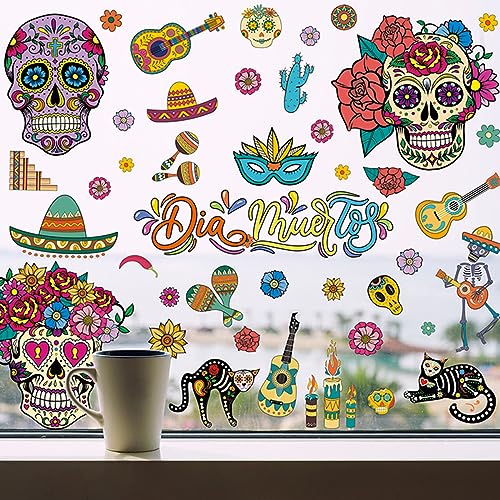Dia de Los Muertos Halloween Window Stickers - Sugar Skull Skeleton Gnome Flowers - Reusable Party Decals