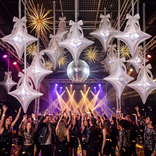 Iridescent Star Balloons Set - 30 Large 26 Inch Foil Balloons with Ribbons & Bows