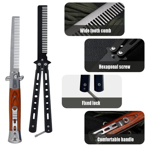 2 Pieces Automatic Switch Folding Practice Combs, Stainless Steel Butterfly Comb, Switchblades Comb, Outdoor Training Pocket Combs, Hair Brush for Beard, Mustache, Hair Styling Tools