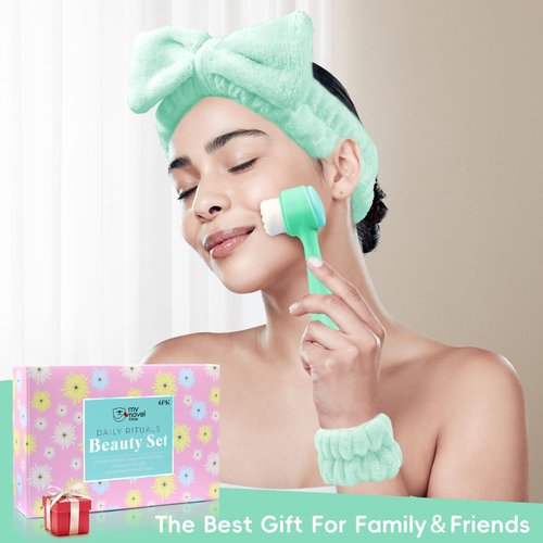 my novel things Facial Cleansing Brush, Spa Headband for Washing Face, Skincare Headband and Wristband Set, 2-in-1 Skin Care face Brush, Come with a Hair Scrunchie, for Massaging Makeup Skincare-Blue
