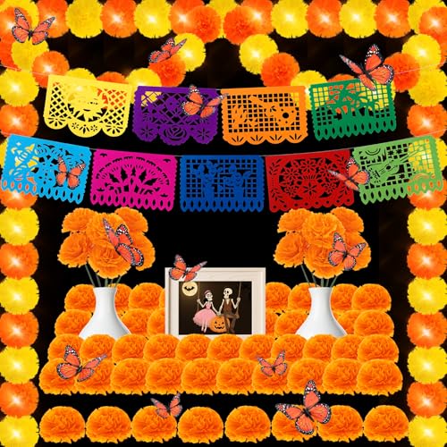 Day of the Dead Decorations Set with Marigold Garlands & Lights - 85 Pcs