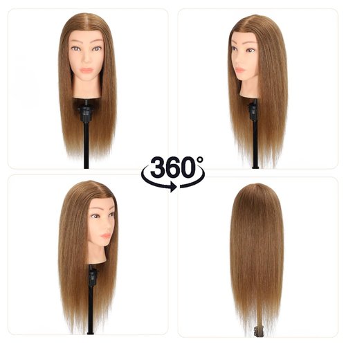 MQHIHI Mannequin Head Human Hair, 100% Real Hair Cosmetology Manikin Head for Practice Braiding Hairstyling Cutting with Free Clamp Holder and Tools (100% Light Brown)