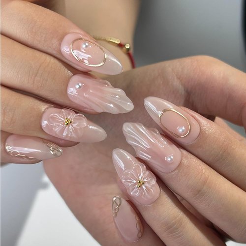 MAGLFELL 10 Pcs Medium Length Handamde Almond Press On Nails Reusable ABS Acrylic False Nails Set for Women (Size S)