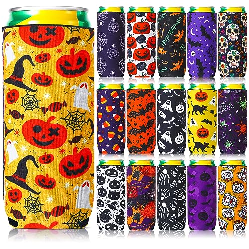 Halloween Can Cooler 16-Pack Neoprene Drink Insulators 12 Oz - Pumpkin Skeleton Spider Design