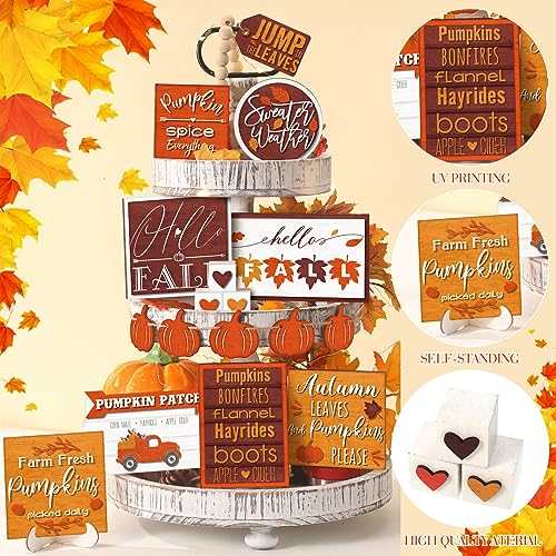 Farmhouse Fall Tiered Tray Decor Set - Rustic Pumpkin & Truck Signs, Simple Style