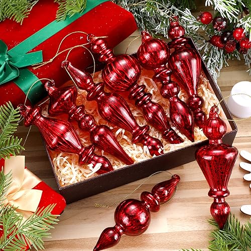 Mercury Glass Finial Christmas Ornaments - Red, 6 Inch, Set of 8
