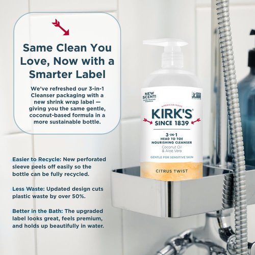 Kirk's 3-in-1 Head to Toe Nourishing Liquid Cleanser- for Men, Women & Children - Premium Coconut Oil & Aloe Vera- Non GMO & Vegan - Citrus Twist - 32 Fl Oz.