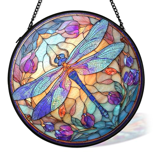 Dragonfly Suncatcher - Stained Glass Window Hanging Decor, 7.9 Inch Garden Wall Art