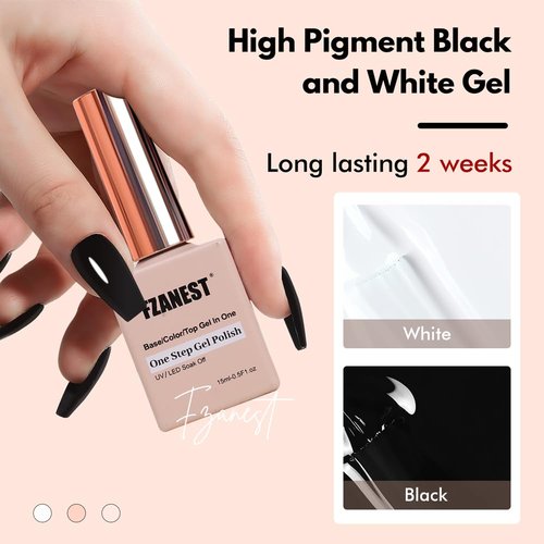 FZANEST Black and White Gel Nail Polish, No Wipe Base Top Coat Color 3 in 1 One Step Gel Polish Chrome Nail Powder Soak Off LED UV Nail Art Starter Manicure