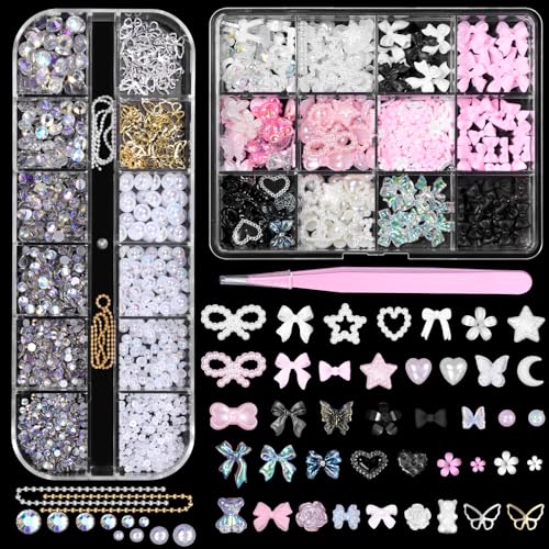 3D Nail Charms Gems Set with Bow, Butterfly, Flower & Heart Acrylic Nail Art Accessories