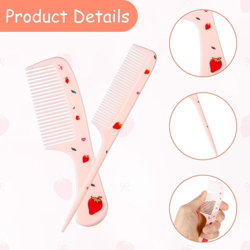 Skiennix Cute Hair Comb Set - Pink Strawberry Fine Tooth & Rat Tail Combs for All Hair Types