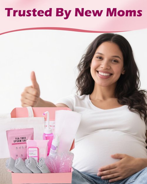 Postpartum Essentials Kit - Peri Bottle,Perineal Ice Packs,Perineal Healing Foam,Disposable Underwears,Cooling Pad Liners,Bath Salts,Canvas Bag,Card,Postpartum Gifts for Mom