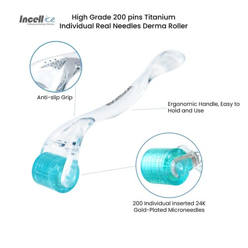 Derma Roller, Microneedling Roller with 200 Real Individual Titanium Needles, Professional Microneedle Roller for Men and Women Home Use - Aqua Blue