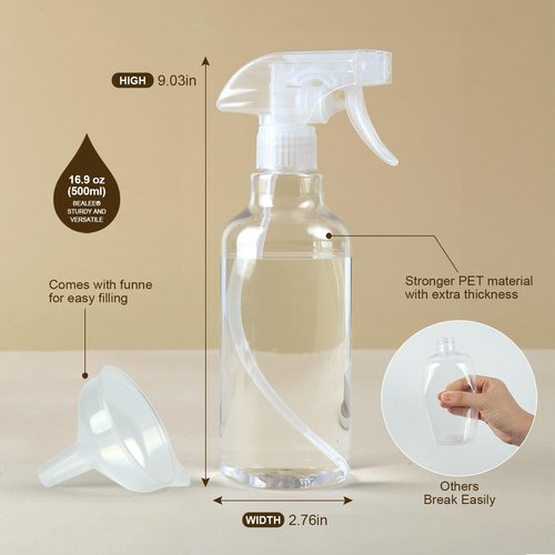 Skiennix Plastic Spray Bottles - 2-Pack, 16.9 Oz, Heavy Duty for Cleaning, Essential Oils & Plants | Clear