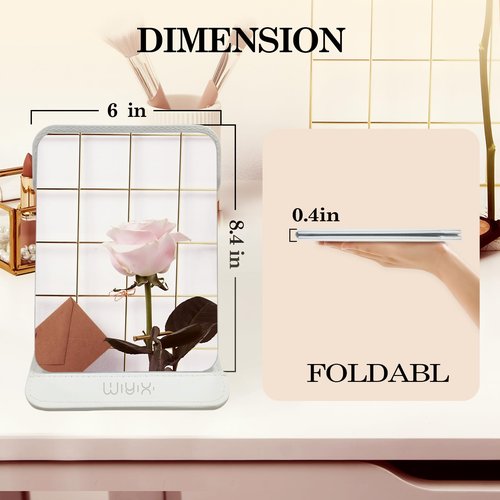 SYHITOU Foldable Travel Makeup Mirror, Adjustable Angle Portable Standing Vanity Mirror, Compact PU Leather Design for Home/Camping/Desktop Use,Elegant White(8.4"x6")