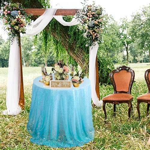 Iridescent Blue Sequin Round Tablecloth 72 Inch Glitter Overlay for Weddings & Parties
