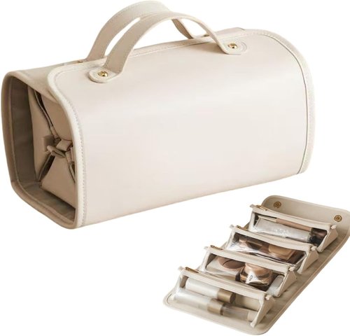 LuyaVogue Large Expandable Makeup Bag for Women, 4-in-1 Waterproof Makeup bag, Cosmetic Bag with Detachable Interior Pockets, Ideal for Women Travel Essentials(White)