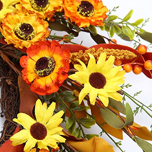 Artificial Fall Wreath 20 Inch Autumn Flowers & Leaves for Front Door Decor