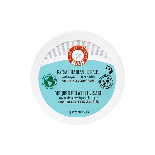 First Aid Beauty - Facial Radiance Pads with Glycolic & Lactic Acids, Daily Exfoliating Pads with AHA, Visibly Smaller Pores, Help Tone & Brighten Skin, One-Step Makeup Prep, Compostable, 28