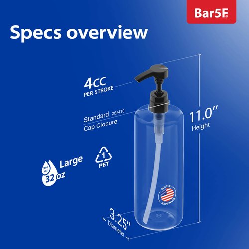 Bar5F Empty Shampoo Bottles with Pumps (32oz/1Liter/Large) BPA-Free PETE1 Plastic Bottle Crystal-Clear (Pack of 6)