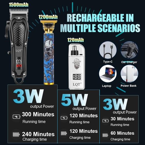 LQT Hair Clippers for Men, Professional Rechargeable Cordless Clippers for Men Electric Beard Trimmer Nose and Ear Hair Trimmer with Comb, Wrap, Bag, Men's Birthday Christmas Gifts