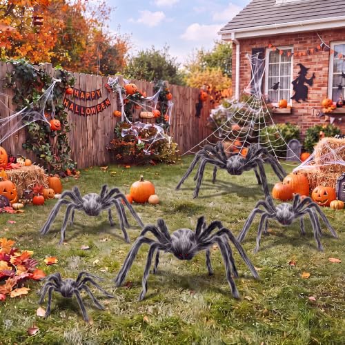 Halloween Gray Spider Decorations Set - 5 Realistic Plush Spiders with Adjustable Legs