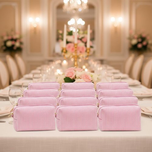 12 PACK Makeup Bags-Bulk Seersucker Cosmetic Bag for Women Bridesmaid Gifts Makeup Pouch for Wedding Party Favors Bachelorette Party Decorations Travel Toiletry Organizer Mon Teacher Gift(12, Pink)