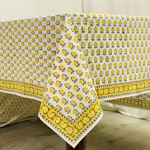 Ridhi Vintage Yellow Hand Block Print Cotton Dining Tablecloth 160x72 Rectangular