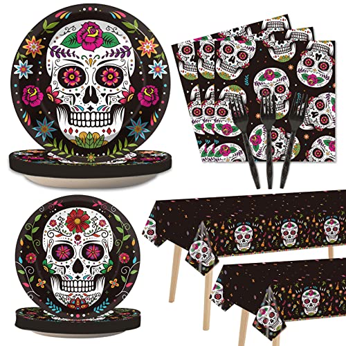Day of the Dead Party Supplies Set - Skull Tablecloth Plates Napkins & Cutlery - Mexican Fiesta Halloween Birthday Decor