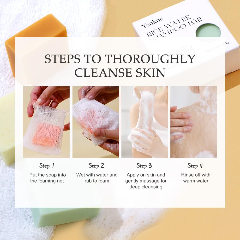 Yeokoe Turmeric Soap Bar & Rice Water Shampoo Conditioner Set - Deep Cleansing, Spa Gifts for Women