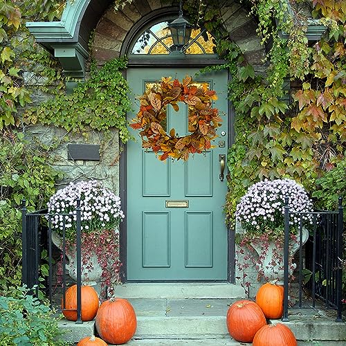 Rusty Red Magnolia Fall Wreath - 20 Inch Autumn Magnolia with Berries for Front Door & Wall Decor