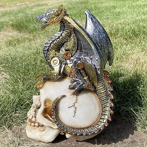Steampunk Dragon on Human Skull Statue Gothic Decor Collectible