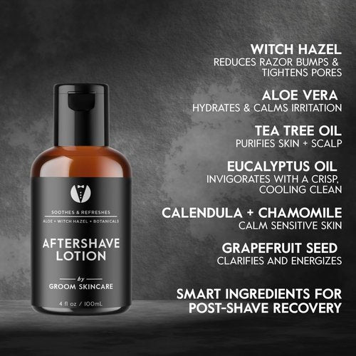 GROOM After Shave Lotion for Men - Soothing Moisturizer with Aloe & Vitamin E | Fights Irritation & Razor Bumps | 4 oz