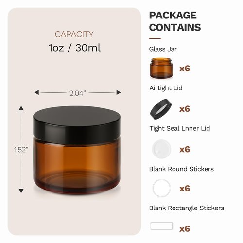 Bumobum 1oz Glass Jars with Lids, 6 Pack Small Amber Glass Jars with Labels, Refillable Empty Cosmetic Containers for Lip Balm Scrub Creams Lotions