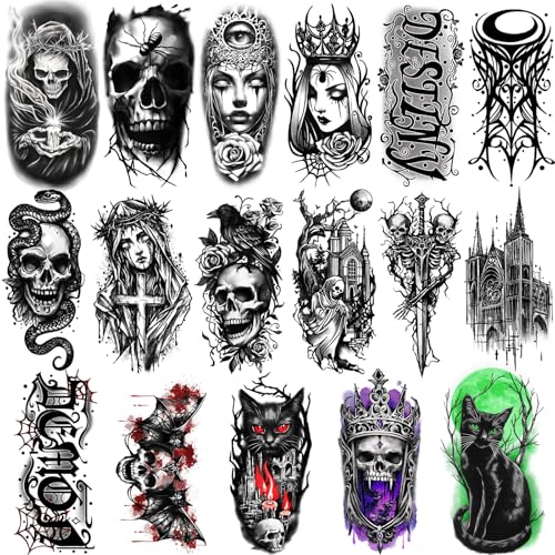 Gothic Temporary Tattoos Set - Mystery Spider Skull Designs for Adults Teens, Waterproof, 77 Sheets, Grey Variation