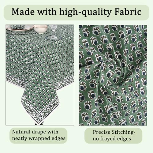 Ridhi Green 60x60 Inch Cotton Square Tablecloth - Hand Block Print, Fall & Holiday Decor