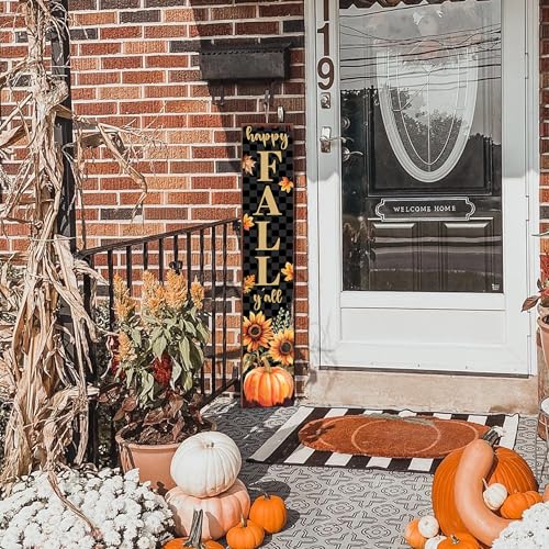 Happy Fall Y'all Porch Sign Black Checkered Sunflower Pumpkin - Indoor Outdoor Farmhouse Decor