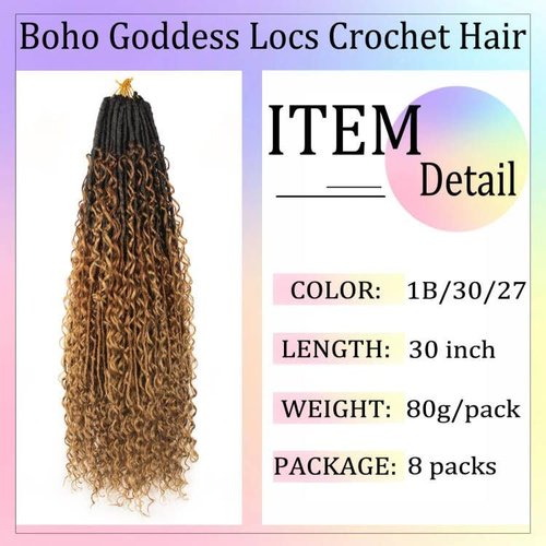 Boho Faux Locs Crochet Hair 30 Inch Goddess Locs 8 Packs Boho Soft Locs Crochet Hair with Curly Ends Pre-looped Long Bohemian River Locs Crochet Hair for Black Women(30Inch,1B/30/27)