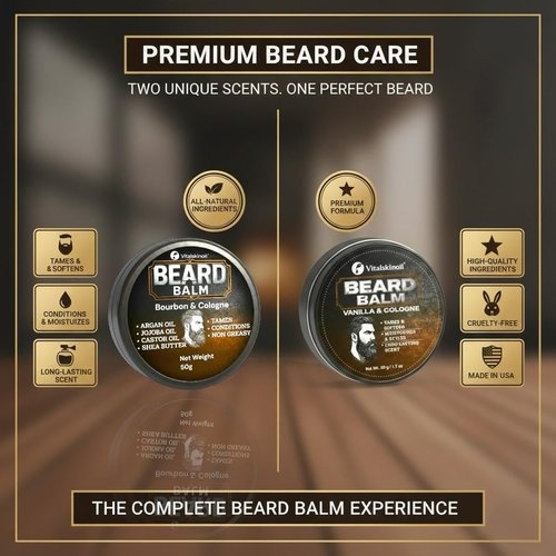 Beard Balm Set, Vanilla and Bourbon Cologne Scents, Natural Oils and Butters for Styling, Taming and Nourishing, 2x50g/1.76oz