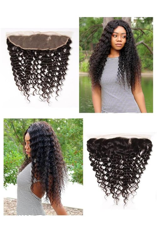 13x4 HD Lace Frontal Closure Deep Wave 16 Inch Ear To Ear Frontal Free Part Closure with Baby Hair Brazilian Virgin Curly Human Hair for Women Pre Plucked Frontals Closure Natural Black