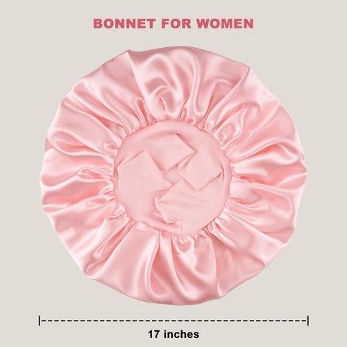 Silk Satin Bonnet for Sleeping Women，Double Layer Silk Satin Sleep Cap with Elastic Band for Natural Curly Hair(1PCS,Pink)
