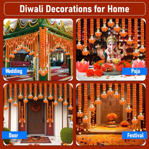Marigold Garland with Bell - Dark Orange 5 Pack 5 Feet Long Diwali Decorations