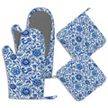 Blue White Floral Oven Mitts & Pot Holders Set - Heat-Resistant Silicone Kitchen Gloves - 4 Pack