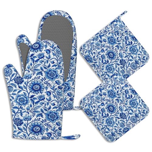 Blue White Floral Oven Mitts & Pot Holders Set - Heat-Resistant Silicone Kitchen Gloves - 4 Pack