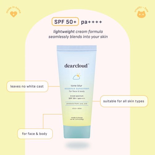 dearcloud Tone Blur Essence Sunscreen SPF 50+ PA++++ – Korean Sunscreen for Face, Primer with Vegan Ingredients (1.69 fl oz)