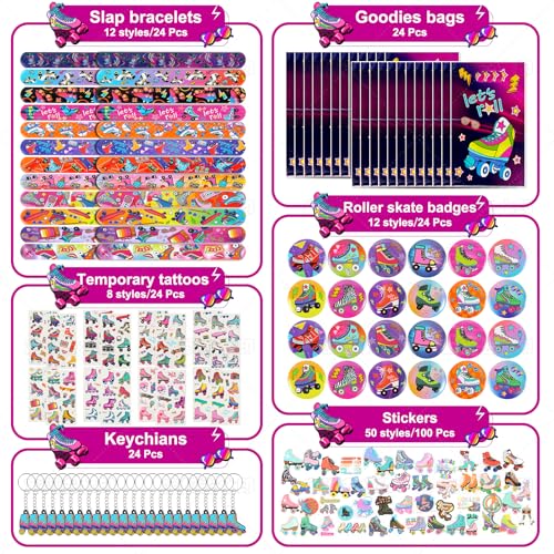 Roller Skate Party Supplies Set - 220 Pieces Including Stickers, Bracelets, Badges & More