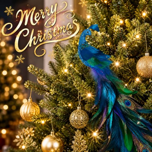 2 Pack Christmas Peacock Feather Ornaments with Glitter Clip-On Decor - Blue