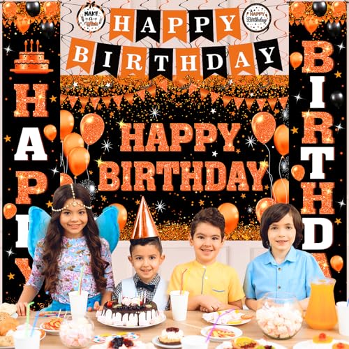 Orange and Black Birthday Party Decorations Set with Banner Balloons & Swirls