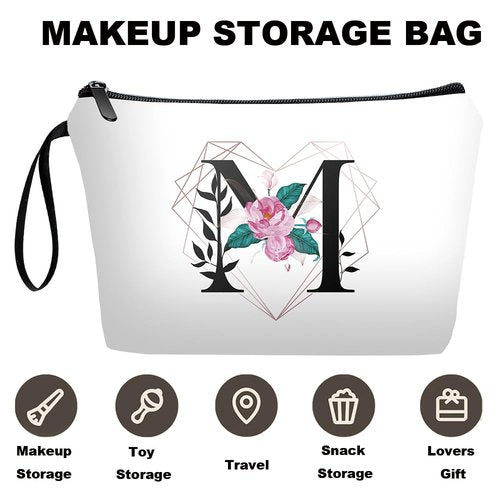 Personalized Initial M floral Travel Makeup Cosmetic Bag set with Mirror for women girls,Bride Bridesmaid White Ietter Makeup Bag organizer kit for Travel & Daily Use,Initial Gifts for Girls Friends
