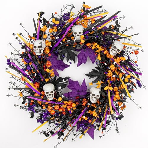 Halloween Wreath with Skull & Berries - 22 Inch Front Door Decor - Black Variation